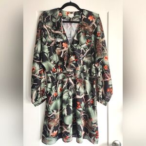 🌺Johanna Ortiz X H&M Floral Print Silky Dolman Sleeve Mini Dress, size M, Green